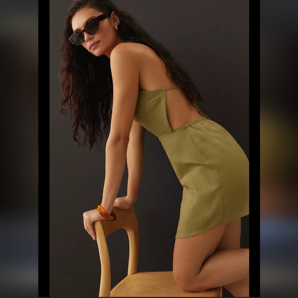 Reformation Olive Green Backless Halter Linen Mini Dress